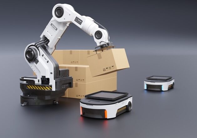 The,Robot,Arm,Picks,Up,The,Box,To,Agv.,3d